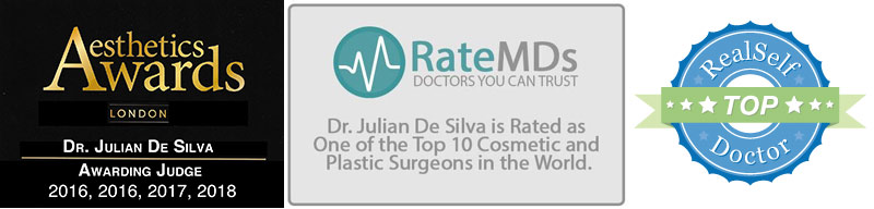 Awards: Aesthetics Awards London Dr Julian De Silva 2016,2017,2018; RateMDs; RealSelf Top Doctors