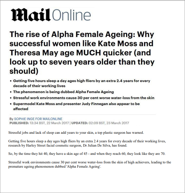 Article: MailOnline - The rise of Alpha Female Ageing: Why successful women like Kate Moss and Theresa May age Much quicker